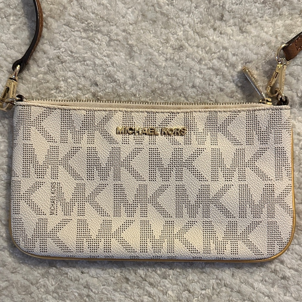 Michael Kors Ivory & Taupe MK Logo Wristlet with Gold Hardware